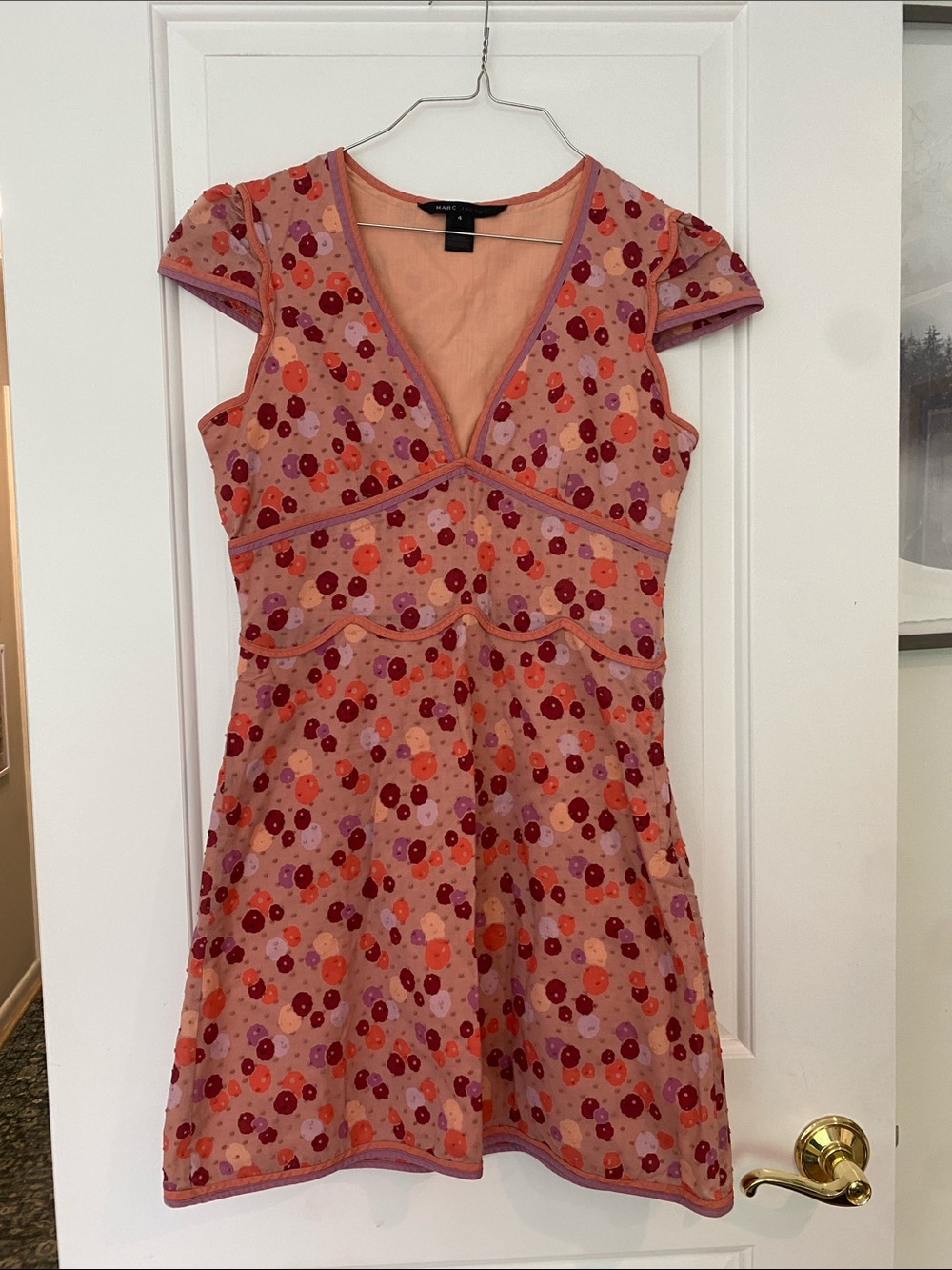 Marc Jacobs Peach-Pink Floral Dot V-Neck Mini Dress